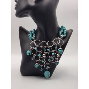 Turquoise Stone Chip Silver Tone‎ Ring Statement Bib Necklace Boho Southwestern